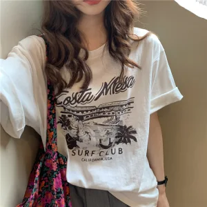Sommar Casual Vita Utskrift Lösa T Shirts 2021 Bomull Urringning Korta Ärm Damtoppar T Shirt