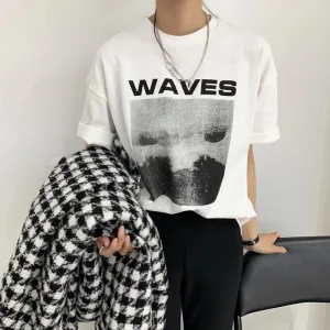 Summer White Printing Loose T Shirts 2021 Scoop Neck Cotton Women S Tops