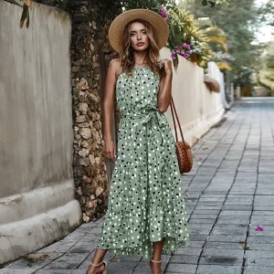 Bohême Été Plage Vêtement De Rue Noire Blanche Tachetée 2021 Princesse Titulaire Ceinture Noeud Sans Manches Thé Longueur Robes Longues Femme Robes Longues Robes