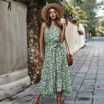 Bohemia Summer Beach Street Wear Black White Spotted 2021 A Line Princess Halter Sash Bow Sleeveless Tea Length Maxi Dresses Women Maxi Dresses Dresses