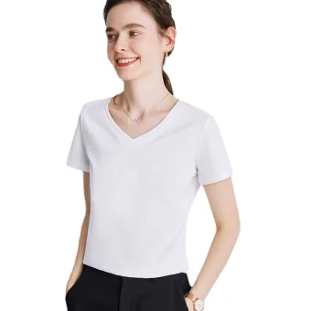 Modest Simple Summer Casual Ol White Regular T Shirts 2021 Cotton V Neck Short Sleeve Women S Tops T Shirt