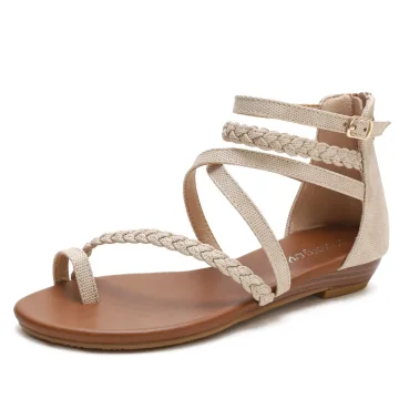 Römisch Sommer Beige Freizeit Strand Flache Sandalen Damen 2021 Knöchelriemen Peeptoes Sandaletten