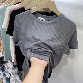 Summer Casual Grey Stripe Loose T Shirts 2021 Scoop Neck Short Sleeve Women S Tops T Shirt