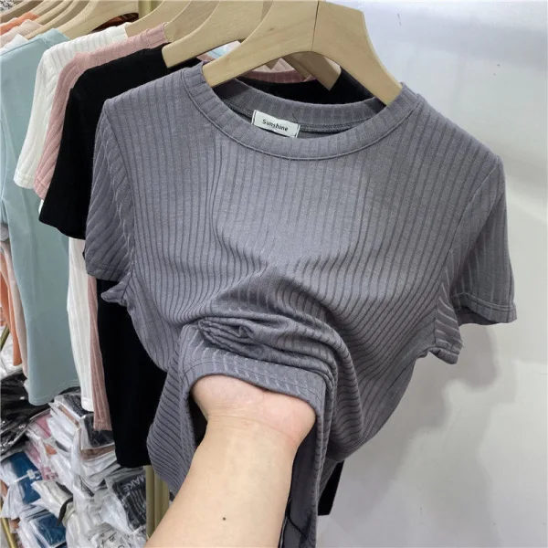 Summer Casual Grey Stripe Loose T-Shirts 2021 Scoop Neck Short Sleeve Women's Tops T-shirt