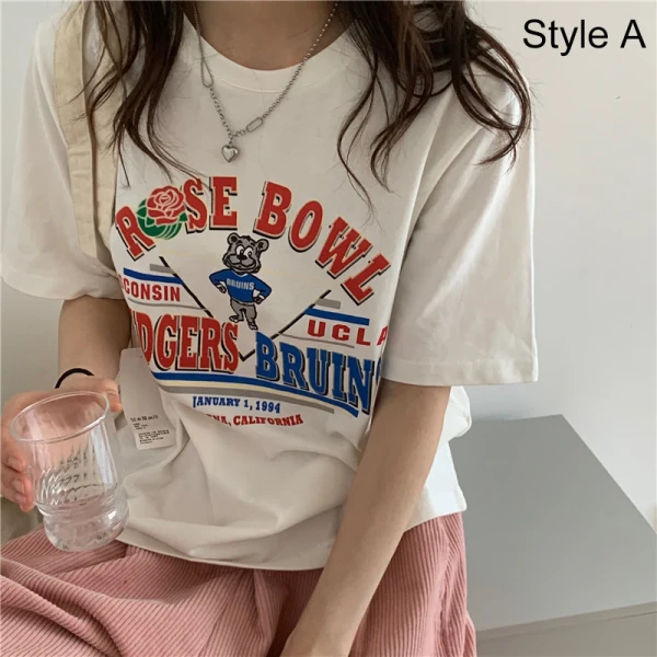 Chic / Beautiful White Casual Cartoon Printing Loose T-Shirts 2021 Cotton Scoop Neck Short Sleeve Women's Tops T-shirt