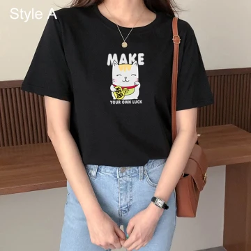 Chic Beautiful Black Summer Casual Cartoon Printing Cotton Loose T Shirt 2021 Scoop Neck Short Sleeve Women S Tops T Shirts