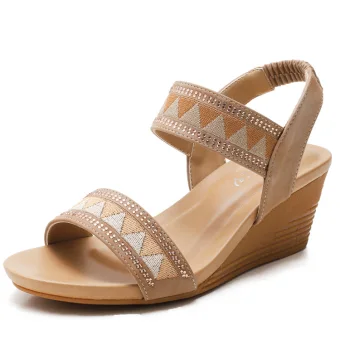 Bohemia Aprikos Rhinestone Gateklær Ferie Sandaler Dame 2021 5 Cm Kilehæl Peep Toe Sandaler