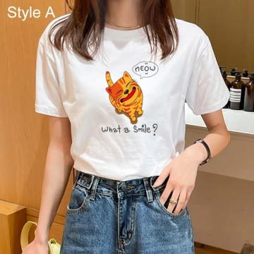 Casual Summer White Loose Cartoon Printing T Shirts 2021 Cotton Scoop Neck Short Sleeve Women S Tops T Shirt