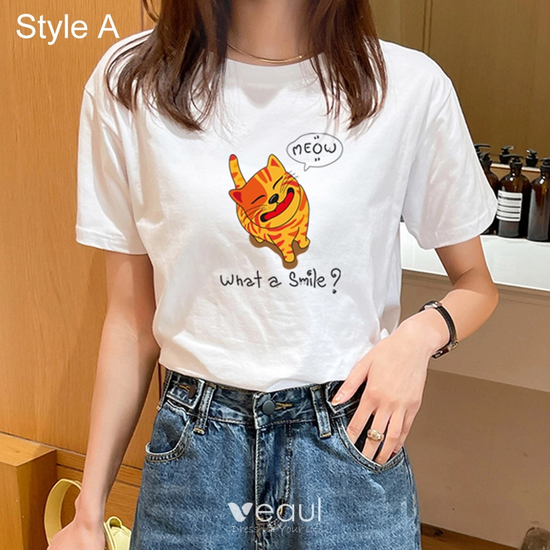 Casual Verano Blanco Suelto Caricatura Impresion Camisetas 2021 Algodon Scoop Escote Manga Corta Tops De Mujer Camiseta de manga corta