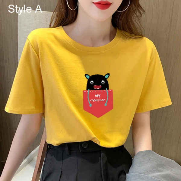 Casual Summer Yellow Loose Cartoon Printing T-Shirts 2021 Cotton Scoop Neck Short Sleeve Women's Tops T-shirt