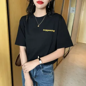 Sommar Gatukläder Casual Svarta Lösa T Shirts 2021 Bomull Urringning Korta Ärm Damtoppar T Shirt