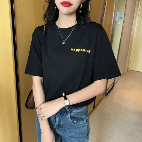 Summer Street Wear Casual Black Loose T-Shirts 2021 Cotton Scoop Neck Short Sleeve Women's Tops T-shirt