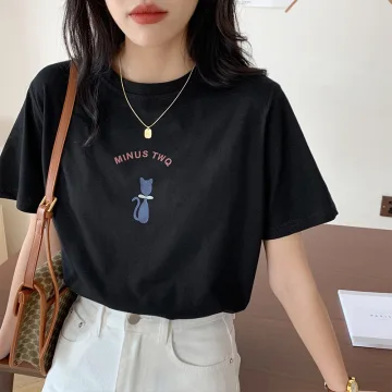 Mode Été Vêtement De Rue Coton Dessin Animé Impression Noire T Shirts 2021 Ample Encolure Dégagée Manches Courtes Hauts Pour Femmes T Shirt