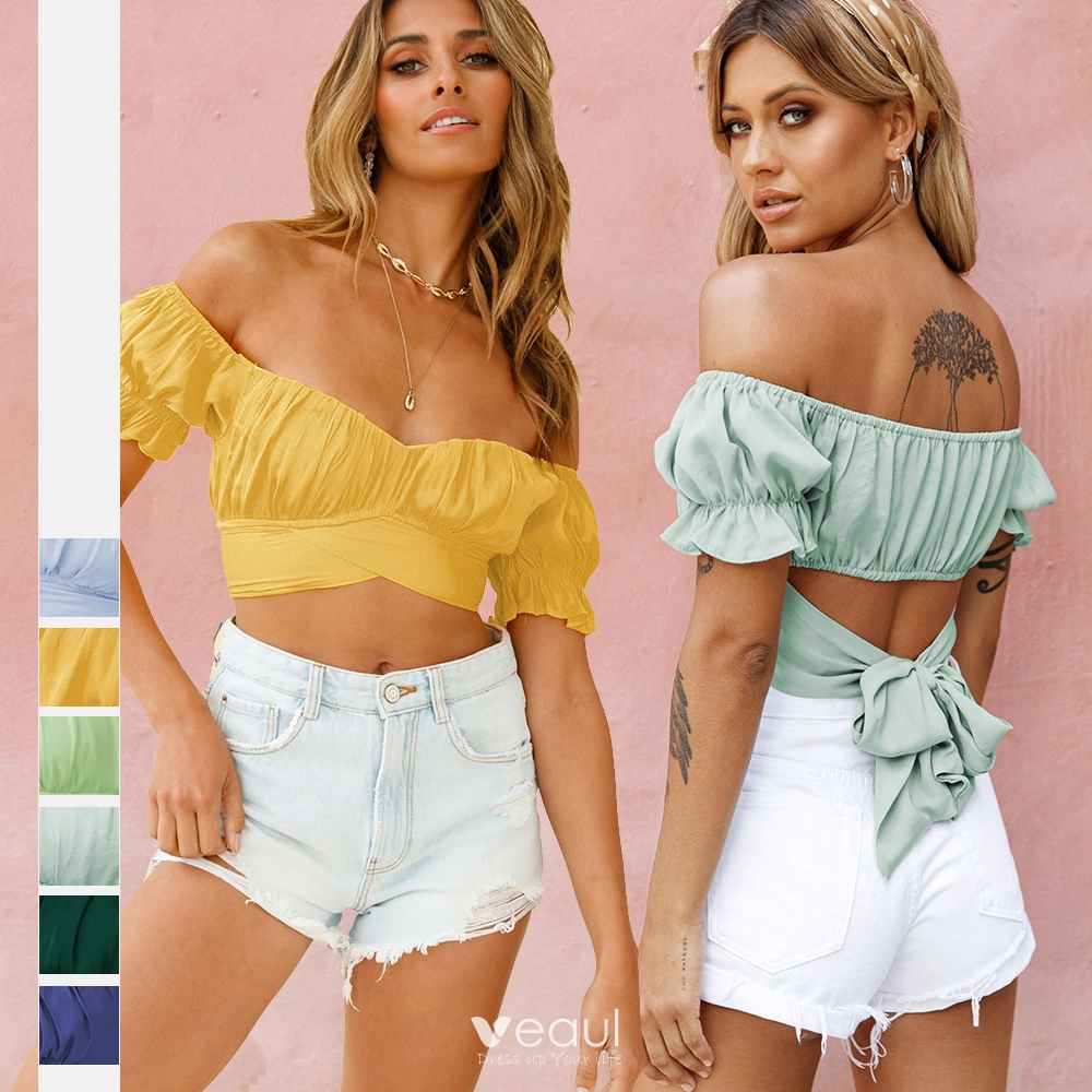 Sexy Sommer Strand Resort-Kleidung Strassenmode Gelb Off Shoulder Kurze  rmel Damen Oberteile 2021