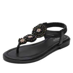 Bohemliv Sommar Svarta Stranden Platt Sandaler Dam 2021 Rhinestone T Rem Peep Toe Sandaler