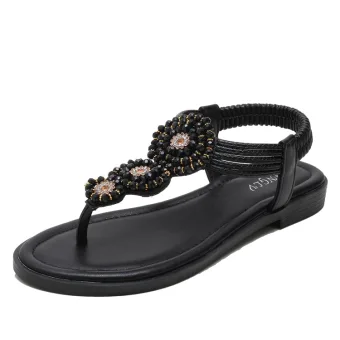 Bohemia Sommer Svart Strand Flate Sandaler Dame 2021 Rhinestone T Stropp Peep Toe Sandaler