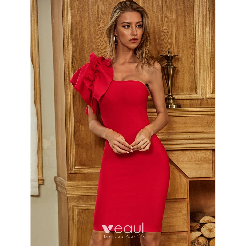 Sexy Charmant Rouge Serre Robe De Soiree Robe De Cocktail 2021 Volants Une epaule Manches Courtes Dos Nu Femme Robes