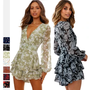 Mode Été Vert Cendré Désinvolte Plage Floral Femme Robes 2021 Ordinaire V Cou Manches Longues