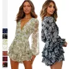 Fashion Summer Sage Green Casual Beach Floral Women Dresses 2021 Regular V-Neck Long Sleeve