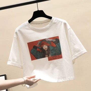 Chic Belle Été Blanche Vêtement De Rue Désinvolte Ample Impression T Shirts 2021 Encolure Dégagée Manches Courtes Coton Hauts Pour Femmes T Shirt