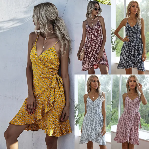 Fashion Summer Street Wear Beach Loose Yellow Floral Cami Dresses 2021 Sleeveless