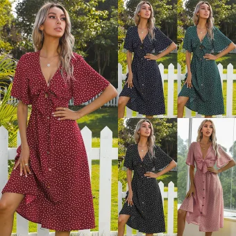Fashion Burgundy Summer Street Wear Spotted Women Dresses 2021 V Neck Bow Short Sleeve