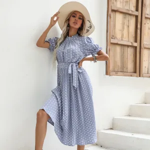 Chic Beautiful Summer Sky Blue Street Wear Spotted Sash Women Dresses 2021 High Neck Short Sleeve