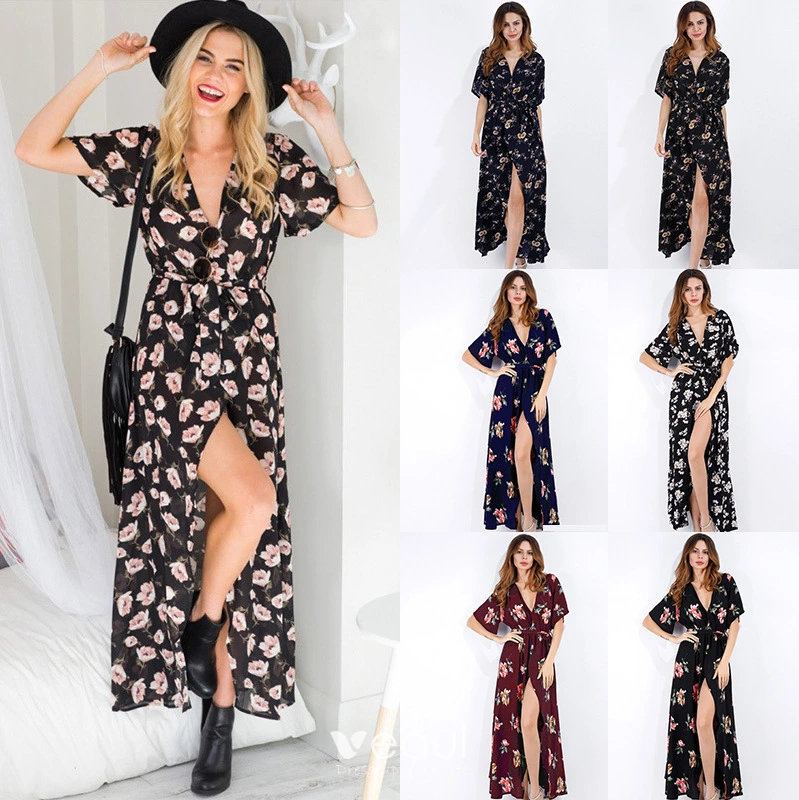 Zomer Zwarte Straatkleding Strand Bloemen Maxi jurken 2021 V Hals Korte Mouwen Dames Jurken