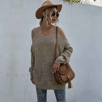 Summer Street Wear Khaki Knitting Cami Sweaters 2021 Square Neckline Strapless 3 4 Sleeve Women S Tops
