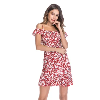 Summer Red Street Wear Floral Chiffon Women Dresses 2021 Off The Shoulder Cami Short Sleeve