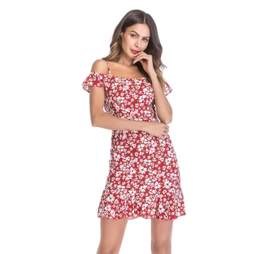 Summer Red Street Wear Floral Chiffon Women Dresses 2021 Off The Shoulder Cami Short Sleeve