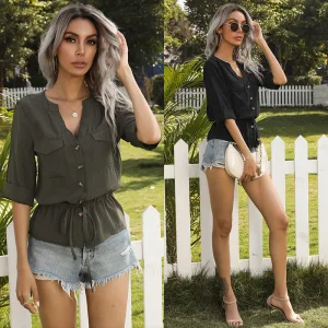 Summer Army Green Street Wear Regular Women Blouses 2021 V Neck 1 2 Sleeves Women S Tops Blouses