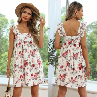 Fashion Summer Street Wear White Printing Women Dresses 2021 Square Neckline Long Sleeve Backless