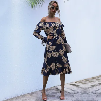 Fashion Summer Street Wear Printing Navy Blue Women Dresses 2021 Off The Shoulder Covered Button 3 4 Sleeve Backless Tea Length