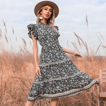 Mode Noire Été Vêtement De Rue Vêtements De Vacances Floral Femme Robes 2021 Encolure Dégagée Manches Longues Thé Longueur