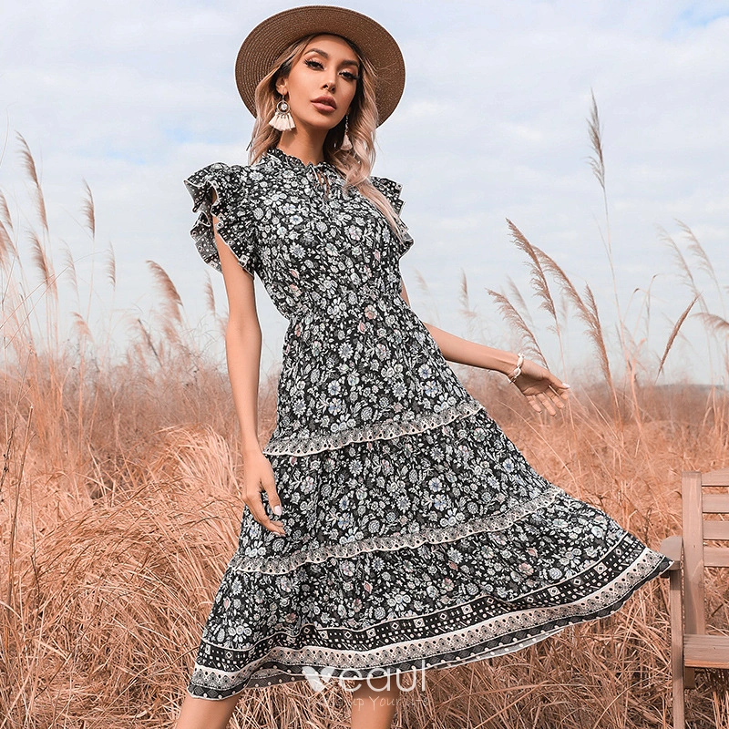 Mode Zwarte Zomer Straatkleding Resort slijtage Bloemen Dames Jurken 2021 Ronde Hals Lange Mouwen Tea length