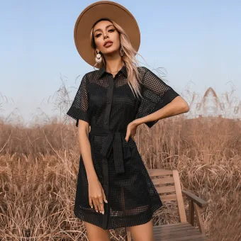 Mode Noire Été Transparentes Manches Courtes Ceinture Femme Robes 2021