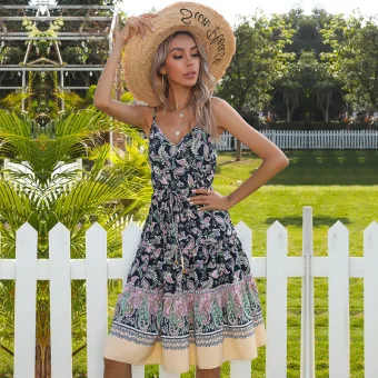 Summer Navy Blue Resort Wear Street Wear Beach Floral Women Dresses 2021 Chiffon Spaghetti Straps Long Sleeve Backless
