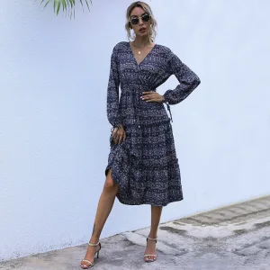 Été Bleu Marine Vêtement De Rue Impression Femme Robes 2021 V Cou Manches Longues