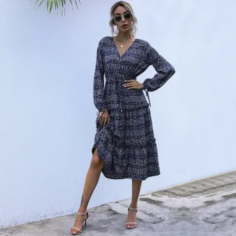Été Bleu Marine Vêtement De Rue Impression Femme Robes 2021 V Cou Manches Longues