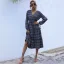 Été Bleu Marine Vêtement de rue Impression Femme Robes 2021 V-Cou Manches Longues