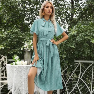 Mode Été Vêtement De Rue Vert Citron Noeud Femme Robes 2021 V Cou Ceinture Manches Courtes Thé Longueur