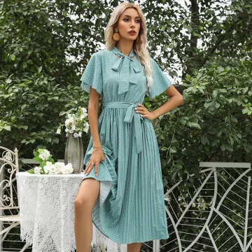 Fashion Summer Street Wear Mint Green Bow Women Dresses 2021 V Neck Sash Short Sleeve Tea Length