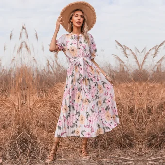 Summer Blushing Pink Street Wear Printing Maxi Dresses 2021 Scoop Neck Bow Sash Short Sleeve Tea Length Women Dresses