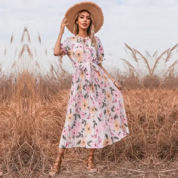Summer Blushing Pink Street Wear Printing Maxi Dresses 2021 Scoop Neck Bow Sash Short Sleeve Tea Length Women Dresses