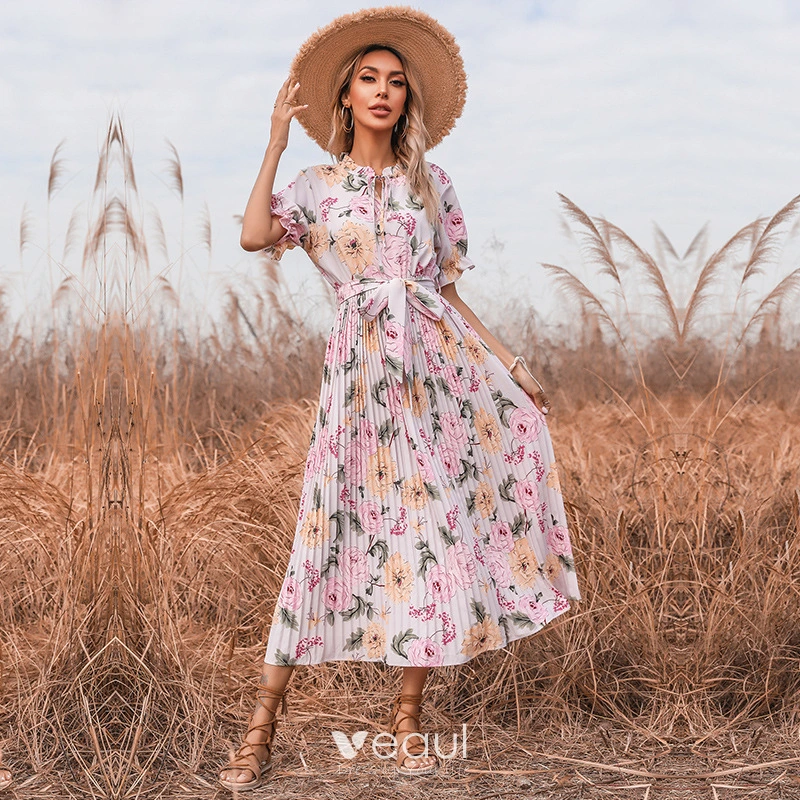 Zomer Blozen Roze Straatkleding Het Drukken Maxi jurken 2021 Ronde Hals Strik Gordel Korte Mouwen Tea length Dames Jurken