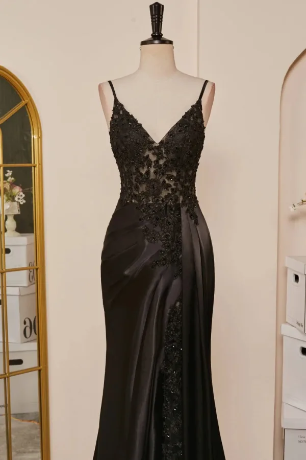 Sexy Black Satin Lace Split Front Prom Dresses 2024 Crossed Straps Sleeveless Spaghetti Straps Trumpet / Mermaid Floor-Length / Long Formal Dresses
