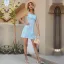 Sexy Été Bleu Ciel Plage Vêtement de rue Floral Femme Courte Robes 2021 Chiffon Bretelles Spaghetti Sans Manches Dos Nu