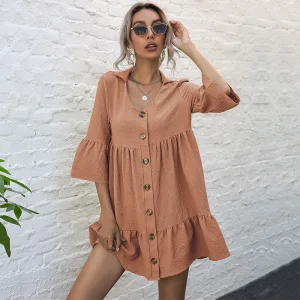 Été Vêtement De Rue Orange Volants Femme Robes 2021 U Cou Manches De Cloche