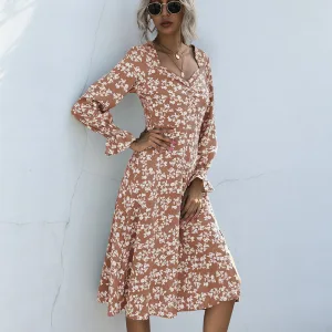 Été Café Vêtement De Rue Floral Femme Robes 2021 Encolure Carrée Manches Longues